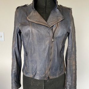 Via Maestra Leather Biker Jacket Size 6 Distressed Blue NWOT